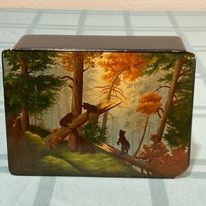 Hand-Painted Vintage Russian Lacquer Box Morning in a Pine  Forest Woods Bears